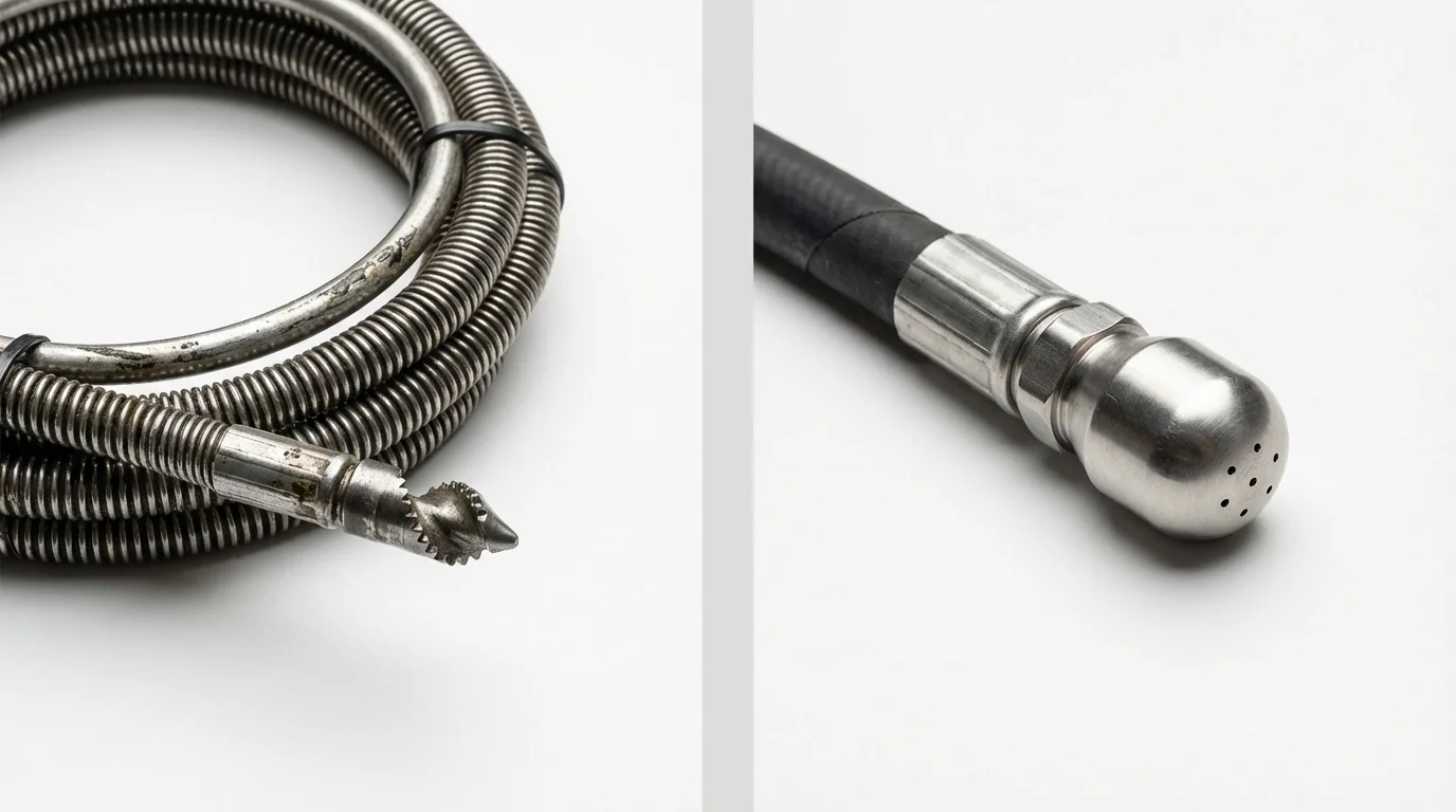 Drain snake cable and hydro jetting nozzle used for drain cleaning in Ruidoso Downs, NM