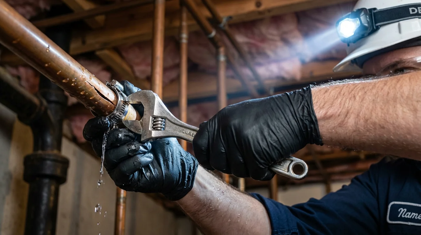 Emergency pipe clamp repair being performed by a Johns Plumbing LLC plumber in Ruidoso Downs