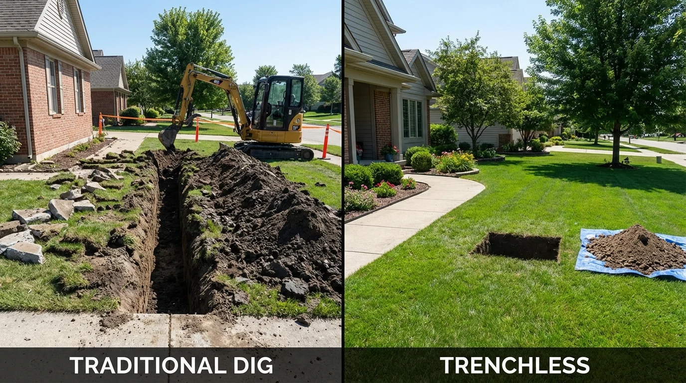 Trenchless sewer repair with minimal yard damage versus traditional excavation in Ruidoso Downs, NM